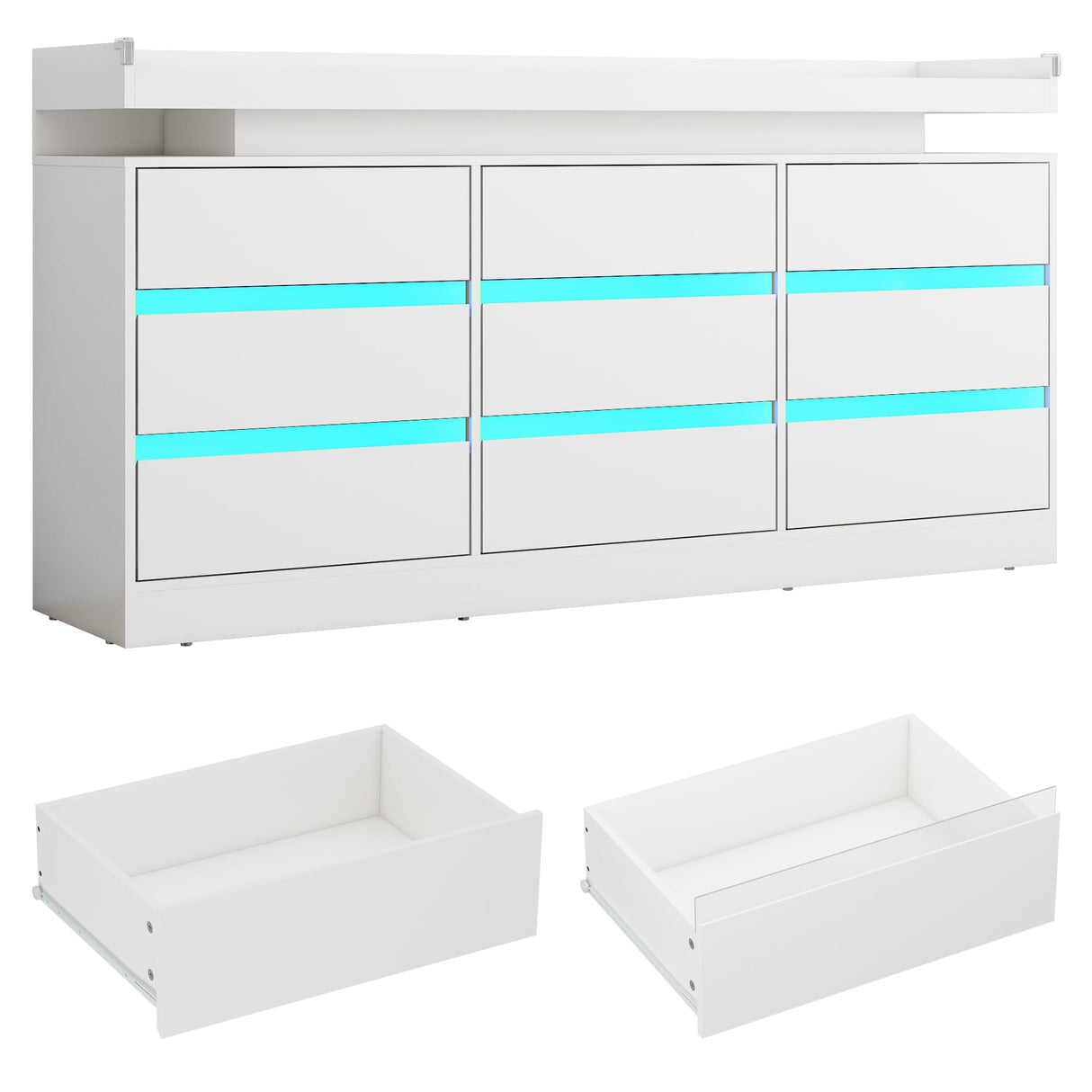 Hlivelood 9 Drawer Dresser with Power Outlet & LED Light, Modern Chest of Drawers for Closet Modern Large Dresser Organizer Cabinet for Bedroom, Living Room, White Hlivelood