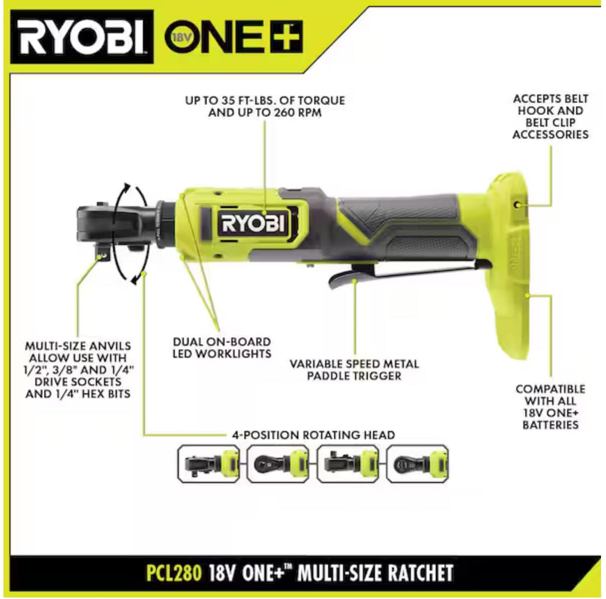 RYOBI ONE+ 18V Cordless Multi Size Ratchet (Tool Only) PCL280B RYOBI