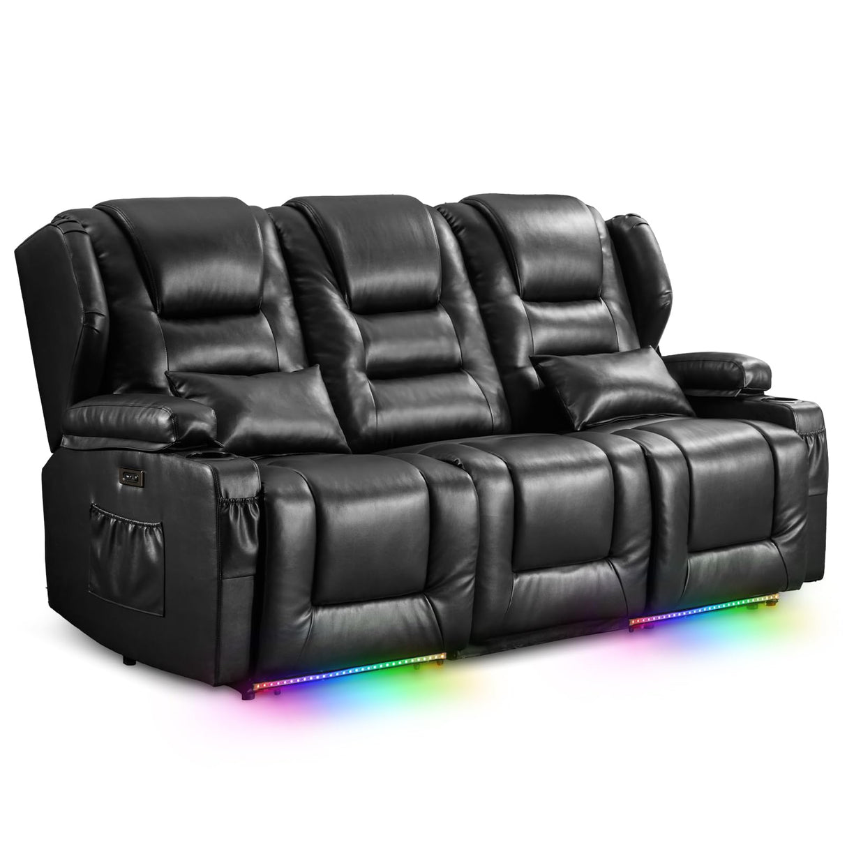 SAMERY Power Loveseat Recliner Sofa with Adjustable Split Back, Multi-Port Charger, Flip-Up Backrest & LED Lighting - Home Theater Seating with Storage, Cup Holders, Black Faux Leather Loveseat SAMERY