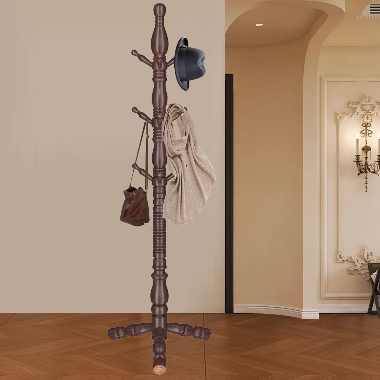 LOZABEE Wooden Coat Rack Stand, Vintage Wood Coat Rack Freestanding with Sturdy Triangle Base,Classic Coat Racks with 9 Hooks, Natural Birch Wood Entryway Coat Hall Tree Hanger Stand LOZABEE