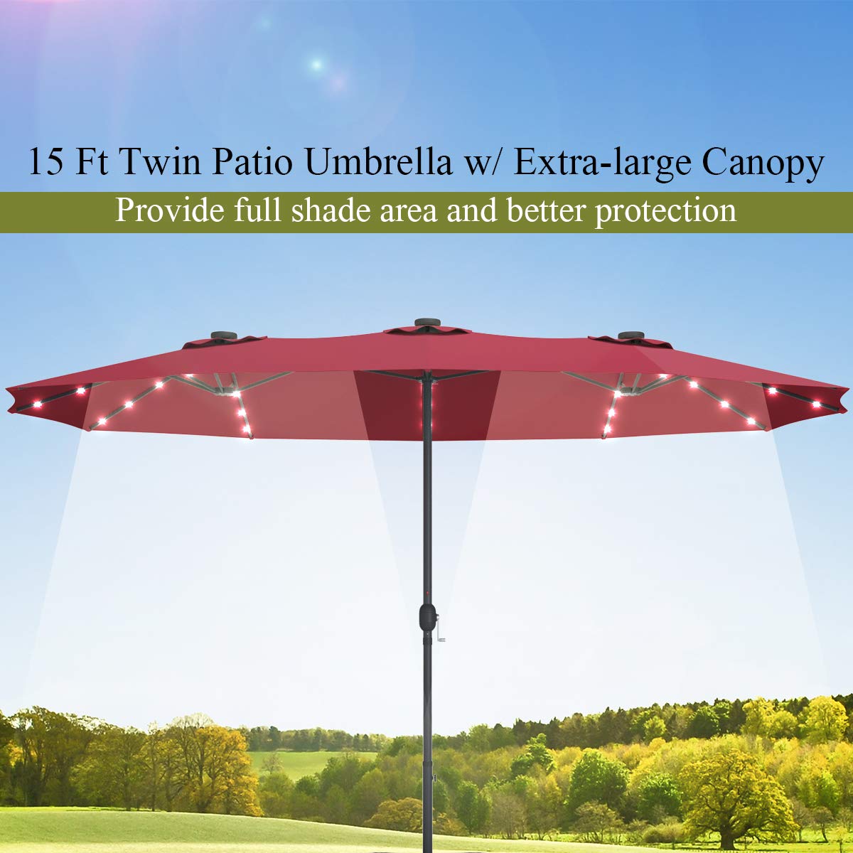 Tangkula 15 Ft Solar LED Patio Double-Sided Umbrella, Extra Large Umbrella w/ 36 Solar Powered LED Lights & Crank System, Outdoor Twin Umbrella for Garden, Deck, Poolside, Patio (Burgundy) Tangkula