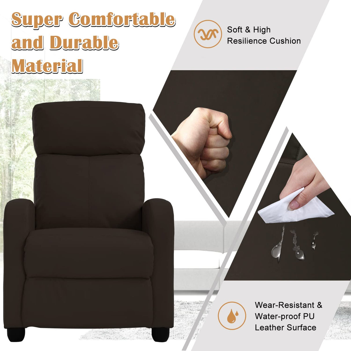 MKDLUFEI Recliner Chair, Adjustable PU Leather Single Sofa Chair, Recliners Chair with Upgraded Footrest for Adults, Small Recliner Chair for Small Spaces, Living Room, Bedroom, Brown MKDLUFEI