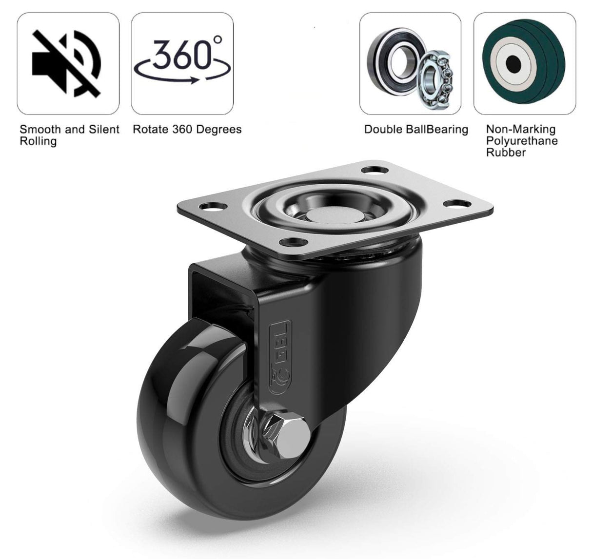 GBL 2" Heavy Duty Caster Wheels Without Brakes + Screws - up to 440Lbs - Set of 4 No Floor Marks Silent Castor for Furniture - Rubbered Trolley or Pallet Swivel Wheels - Black Casters GBL