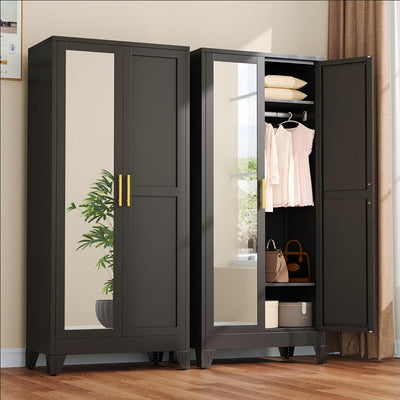 winiowa Metal Armoire Wardrobe Closet with 2 Mirror Doors, 71"' Wardrobe Cabinet with Adjustable Shelves and Hanging Rod, Clothing Storage Cabinet Closet with Mirror for Bedroom-Black