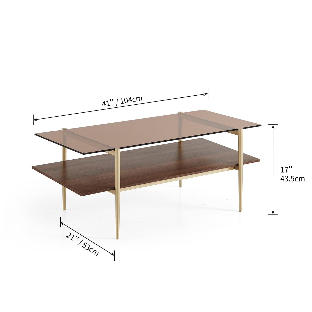 AGV LIGHTING 202206 Tadio Glass Coffee Table, Double Layer Coffee Table for Living Space, Gold Finish Frmae, Coffee Brown Glass Top & Walnut Brown Wood Top AGV LIGHTING