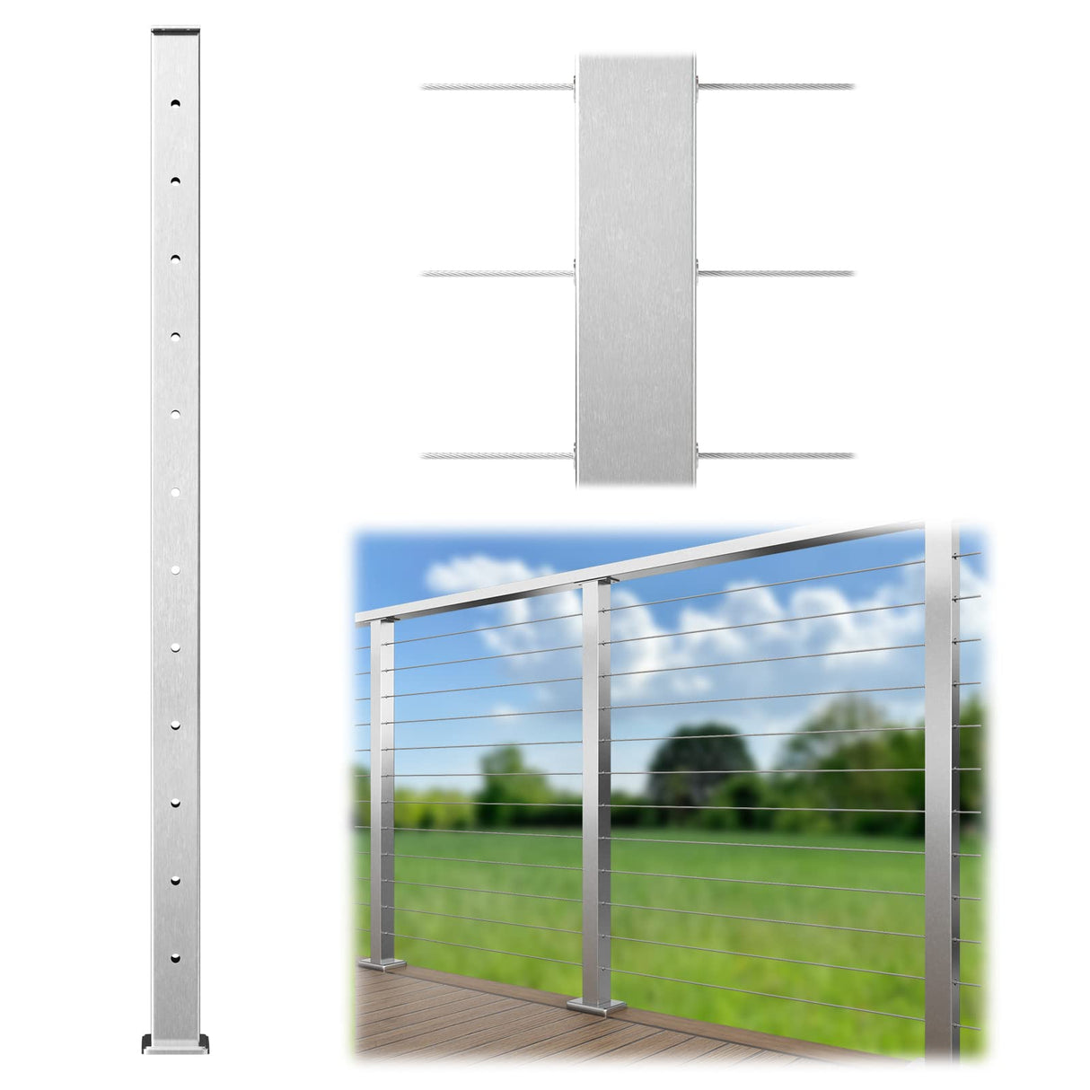 Muzata Cable Railing Post 42 Inch 42"x2"x2" Level Drilled Surface Mount Brushed T304 Stainless Steel Cable Railing System Kit Indoor Outdoor with Paper User Guide PS02 LH4L Muzata