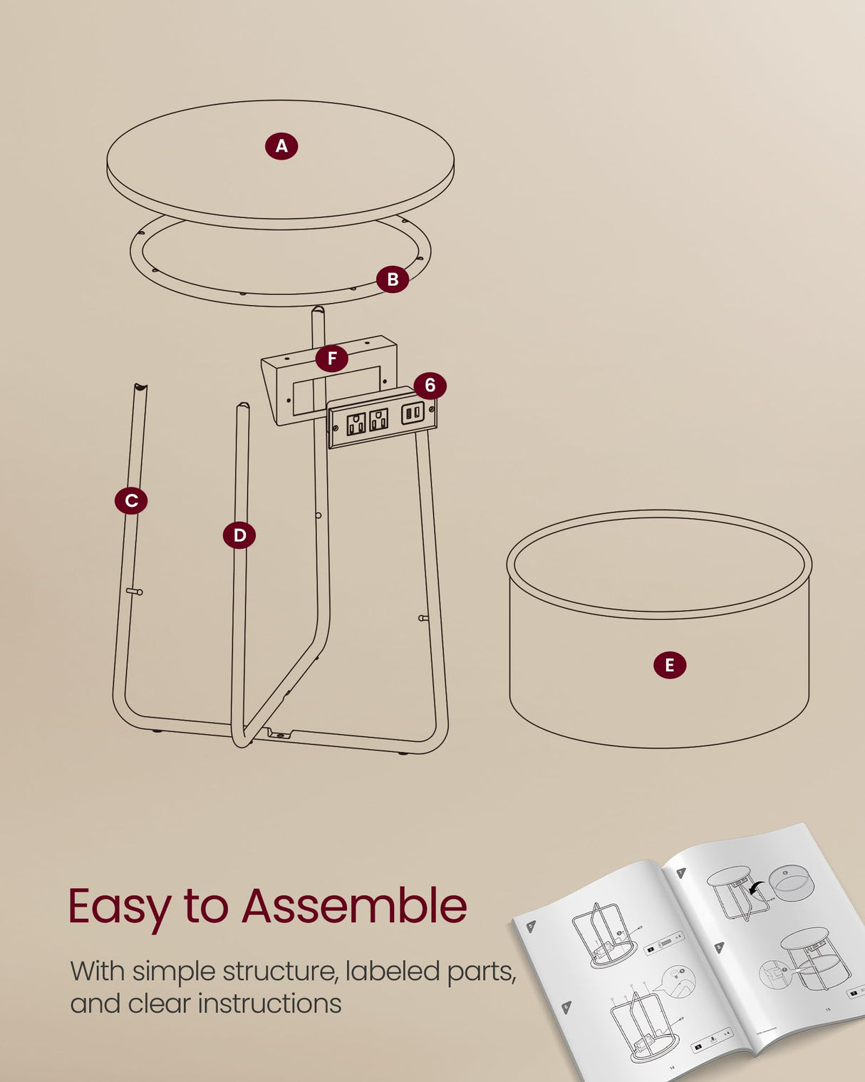 VASAGLE Side Table with Charging Station, Round End Table With Fabric Basket, Nightstand with Power Outlets USB Ports, for Living Room, Bedroom, Modern, Matte White and Camel Brown ULET228W01 VASAGLE