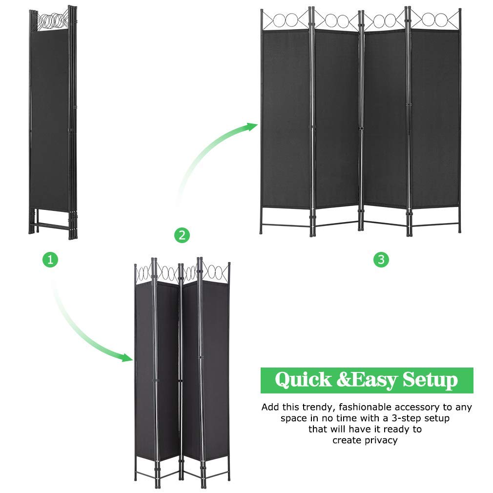 4 Panel Room Divider 6FT Steel Frame Screen Folding Privacy Divider Freestanding Partition for Home Office Bedroom (Black) PayLessHere