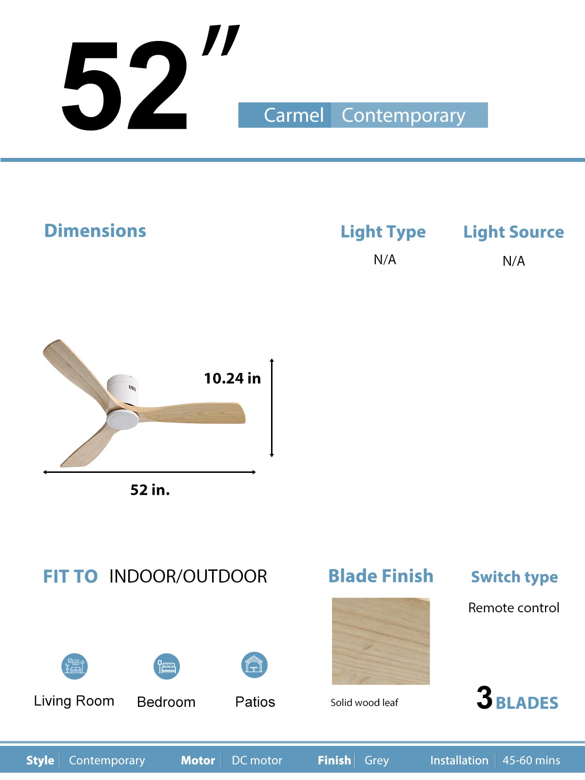 Sofucor 52'' Ceiling Fan no Light, Low Profile Ceiling Fan without Light, Flush Mount Ceiling Fan with Remote Control, Quiet Energy Saving with 6 Speeds, Timer, Light Wood Grain Sofucor