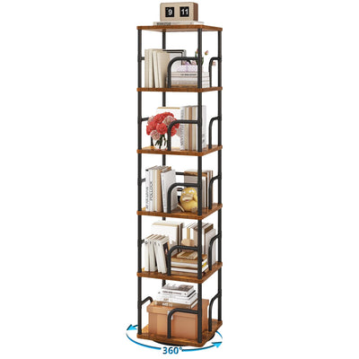 IBUYEK 6 Tier Square Rotating Bookshelf, 360° Spinning Bookcases Tower,Freestanding Corner Bookshelf with Rails,Industrial Swivel Bookcase Organizer for Bedroom, Living Room,Study,Brown,UTBC005H