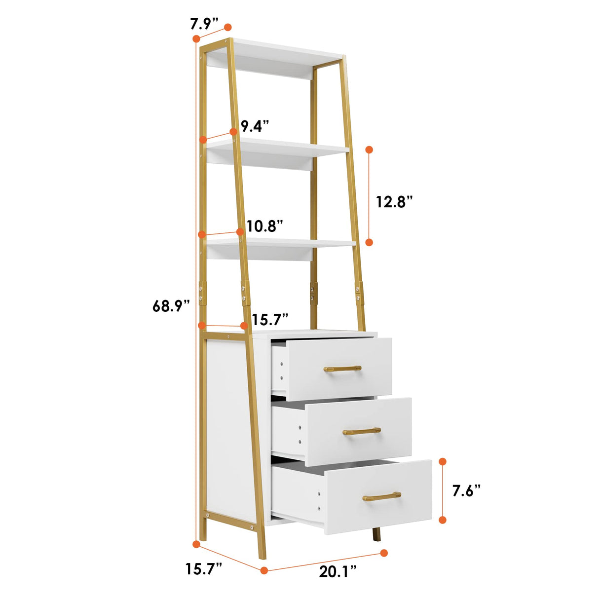 HITHOS 4-Tier Bookshelf, Tall Bookcase with 3 Wooden Drawers, Modern Ladder Book Shlef Storage Organizer for Living Room, Entryway, Office, White Gold HITHOS