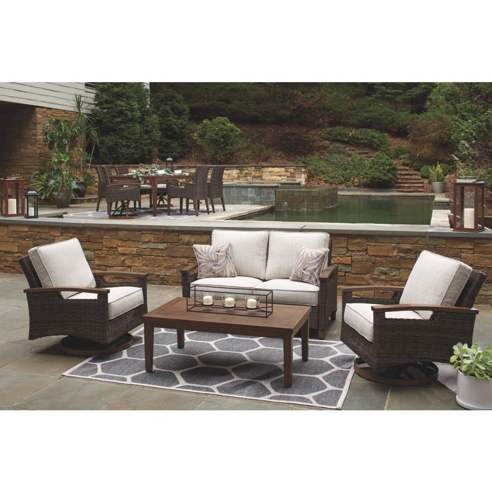 Signature Design by Ashley Paradise Trail Outdoor Loveseat with All Weather Cushions, Medium Brown Signature Design by Ashley