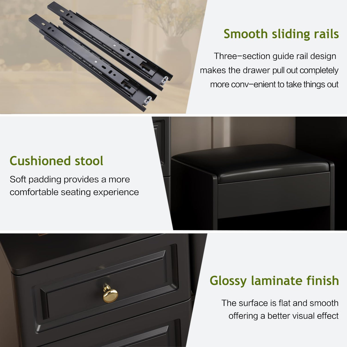 YYJ 42" Makeup Vanity Desk with Mirror and Lights, & Power Outl,Glass Top Big Vanity Table with 9 Drawers& 8 Storage Shelves,Dressing Table Set with Chair for Bedroom, Black.. YYJ