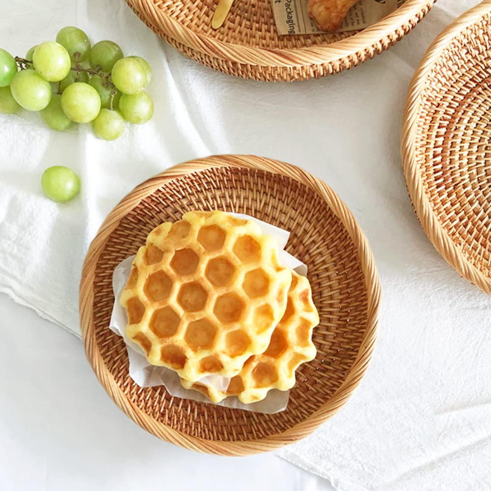 I-lan 7.5 Inch Rattan Bread Basket with 2” Wall, Flat Wicker Basket Tray with Rolled Edge, Round Bowl Decorative Showcase Catch All Dish for Food, Fruit, Keys, Brown, S i-lan