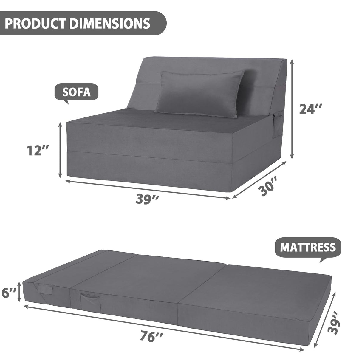 Youtanic 5 in 1 Folding Sofa Bed, Twin Size Convertible Sleeper Chair with Pillow, Memory Foam Futon Couch, Velvet Fabric Washable Mattress for Living Room, Dorm, Guest, Office, Apartment, Dark Gray Youtanic