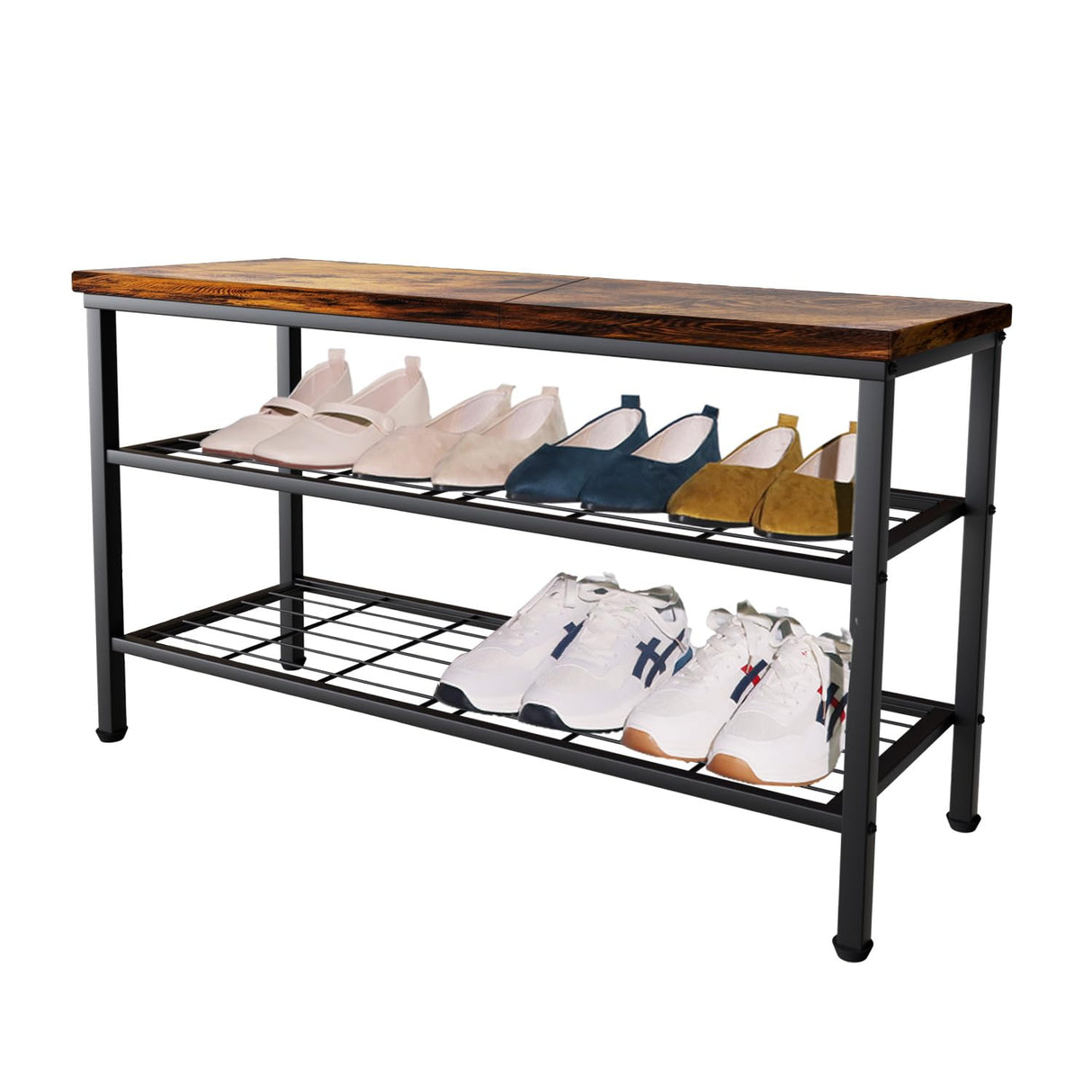 Glynym 3-Tier Metal Shoe Rack with Wood Top - Durable & Space-Saving Shoe Organizer,Industrial Shoe Organizer Shelf Bench Storagefor Closet Entryway, Bedroom & Hallway - Bronze + Black 28.5 W × 18" H Glynym