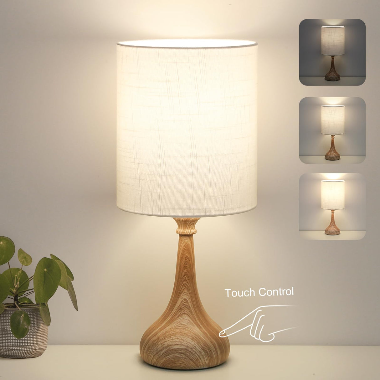 Dimmable Small Table Lamp, Bedside Lamps Touch Control for Bedrooms Nightstand with Wood Grain Base, Desk Lamp Night Light for Office Living Room, 9W 3000K LED Bulb Included Boncoo