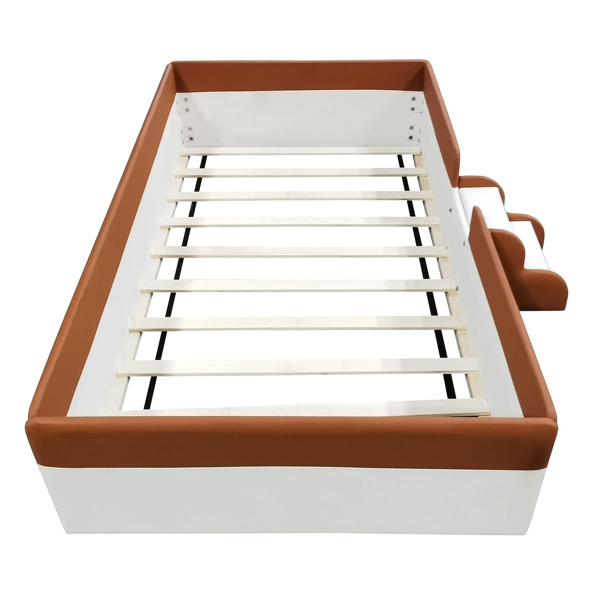 PU Upholstered Floor Bed with Fence and Stairs, Twin Floor Bed with Slats, Montessori Floor Bed for Kids, Girls, Boys, Twin Size Montessori Bed (Brown+White) Bellemave