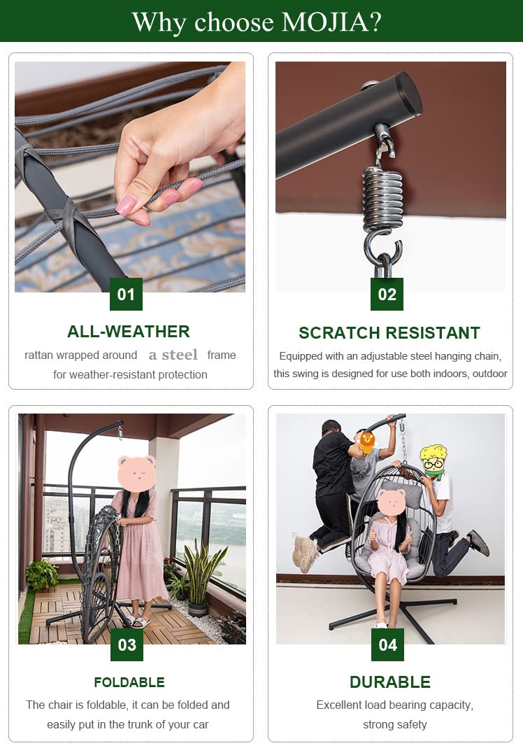 MOJIA Egg Chair with Stand and Oxford Cover, 450lbs Capacity Patio Wicker Hanging Swing Chair Indoor Outdoor with UV Resistant Cushion and Foldable Seat Basket Mojia