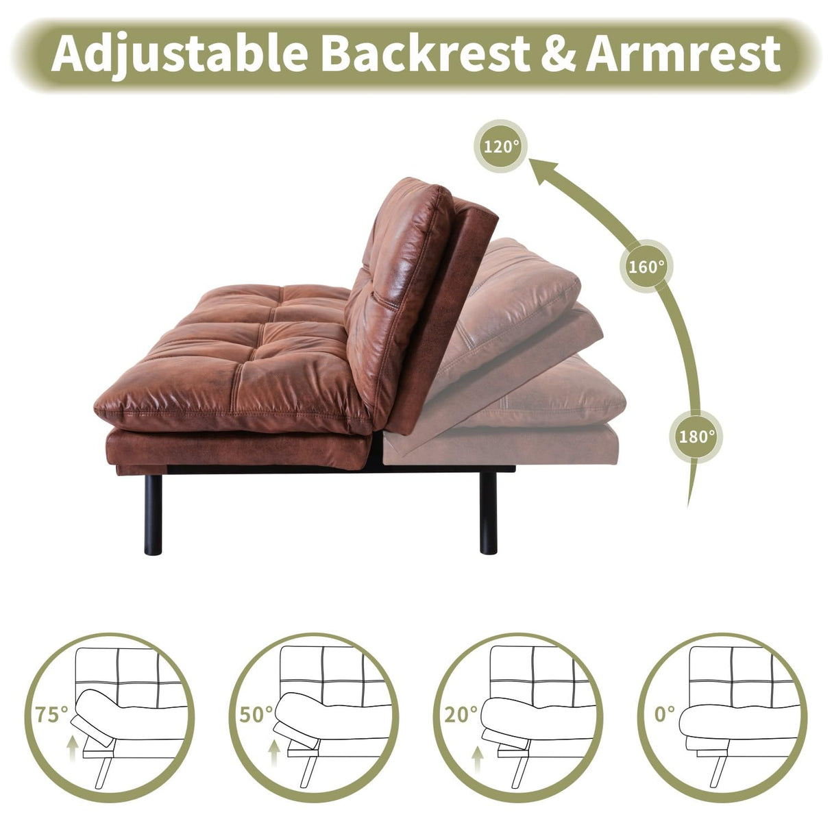 Vipbear 71" Futon Sofa Bed - Convertible Sofa Beds/Adjustable Backrest & Armrest, Comfy Loveseat Sleeper for Small Spaces, Apartments & Offices,Faux Leather Brown Futons Vipbear