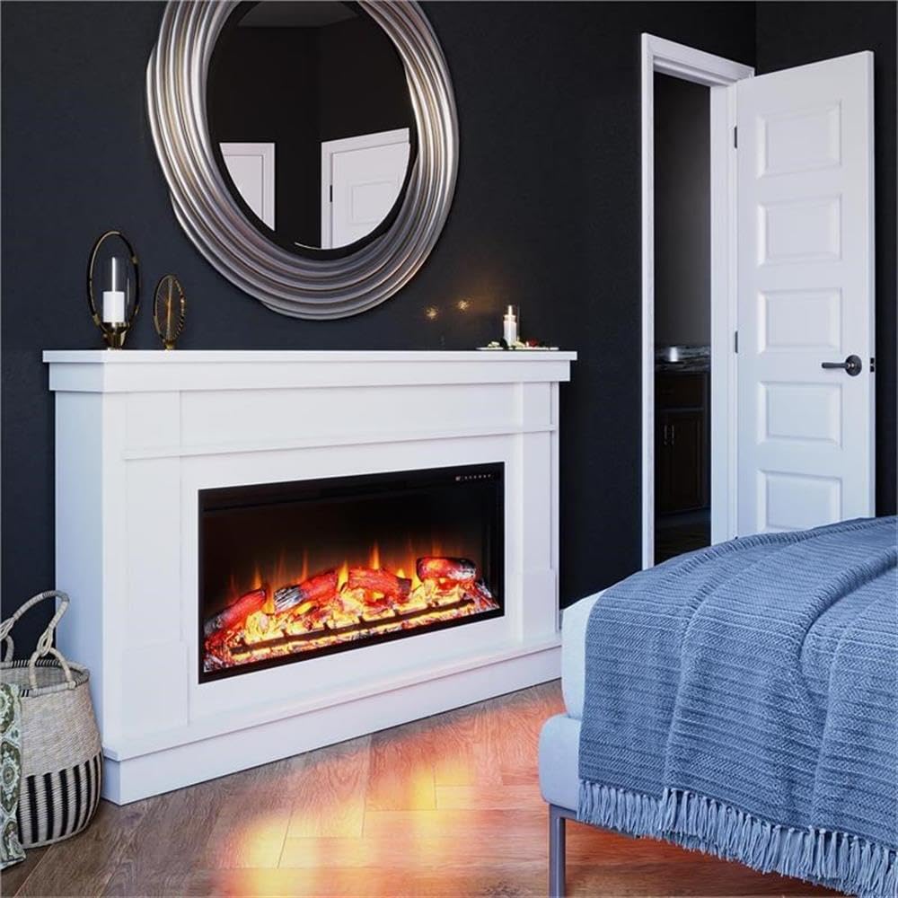 Pemberly Row Wide Mantel with Linear Electric Fireplace in White Pemberly Row