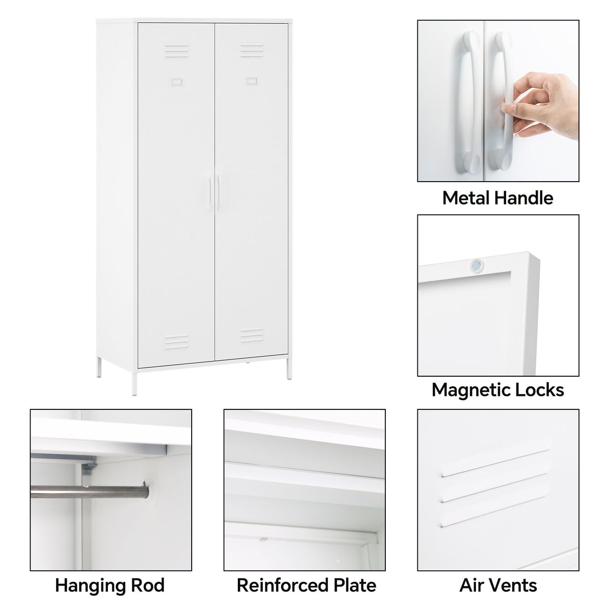 MIOCASA Metal Armoire, Wardrobe Closet Cabinet with 1 Hanging Rod and 4 Shelves Steel Storage Locker Clothes Organizer for Bedroom, Changing Room, Laundry Room, Office - White MIOCASA