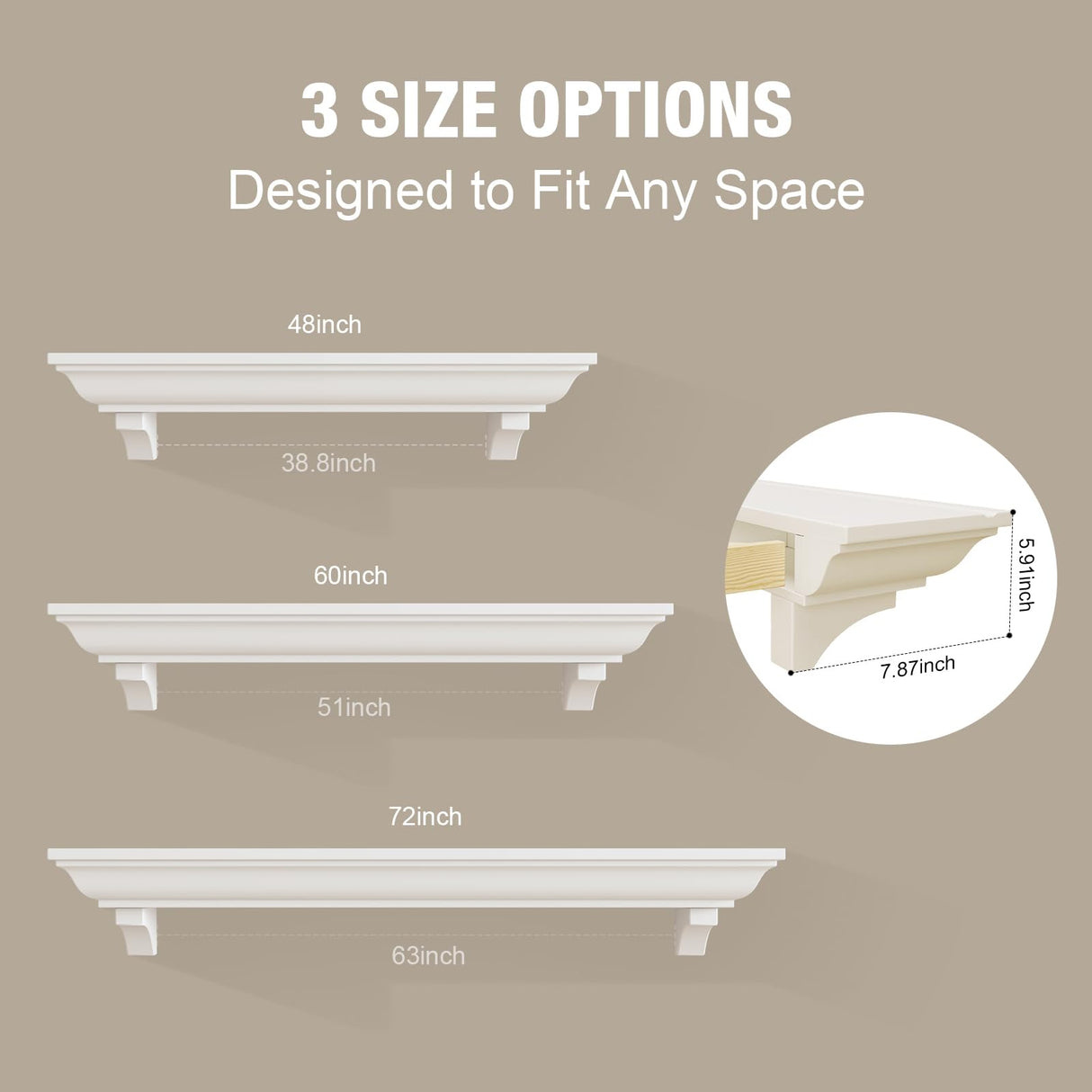 Fireplace Mantel, 60 Inch Rustic Fireplace Mantle with Arched Corbels, 100 lbs Weight Capacity Fire Place Mantel, Natural Wood Mantles for Over Fireplace, Fire Place Mantel for Living Room (White) KALSUBO