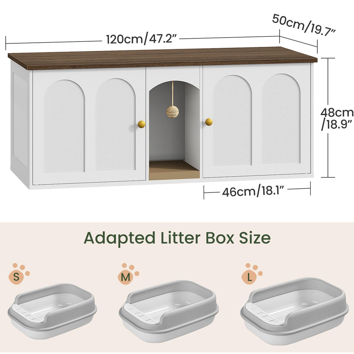CHOEZON 47.2'' Double Cat Litter Box Enclosure, Hidden Cat Litter Box Furniture with Scratching Board and Dangling Ball, for 2 Cats, White and Walnut MMW02WL CHOEZON