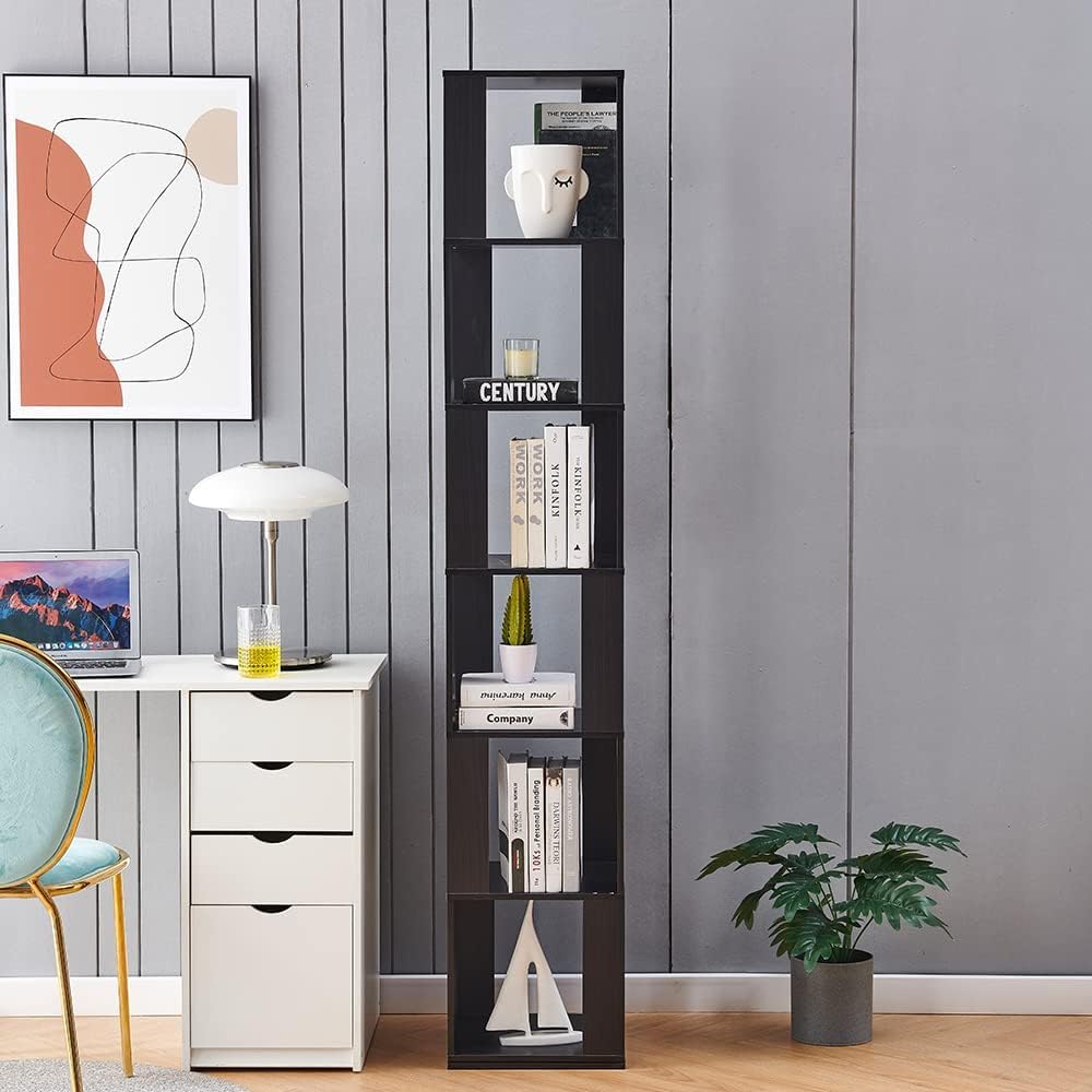 360° Rotating 6-Tier Corner Bookshelf by RVEE - Stylish Black Wooden Bookcase for Home Office and Living Room RVEE