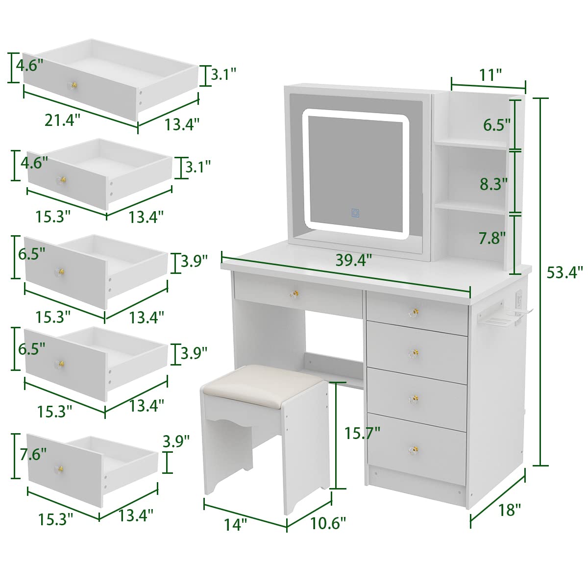 AIEGLE Large Vanity Desk Set with Sliding Lighted Mirror & Build-in Power Strip, 3 Colors LED Lighted Makeup Vanity Drawer Dressing Table with Hair Dryer Rack & Cushioned Stool, White - Power Strip AIEGLE