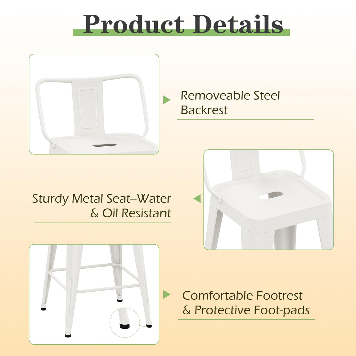 Arlunar home Metal Bar Stools Set of 4 Barstools Indoor/Outdoor Counter Height Bar Stools Bar Chairs with Back 24" Counter Height for Kitchen Island Dining Room (White, 24inch) Arlunar home