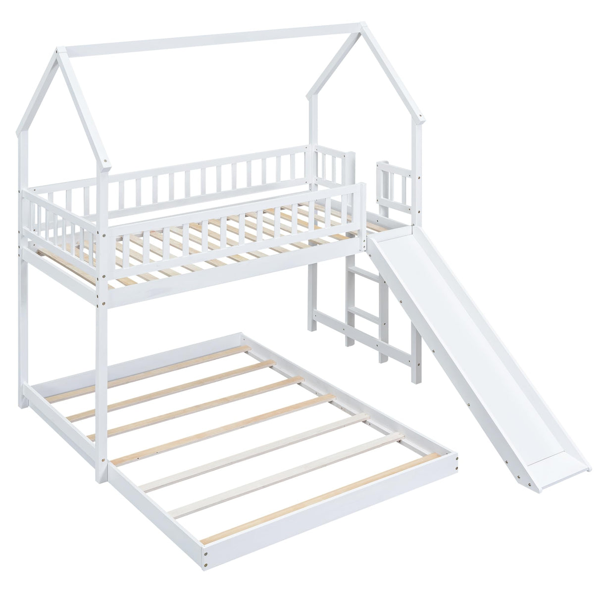 Harper & Bright Designs Twin Over Full Bunk Bed with Slide, Playhouse Bunk Beds Frame with Roof, Ladder and Guardrails, L-Shaped Bunk Beds, Floor Bunk Bed Frame for Kids Boys Girls Teens, White Harper & Bright Designs