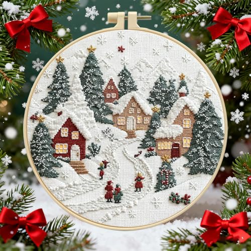 Zhenqing 11 Count Stamped Cross Stitch Kits for Adults Beginners, Hand Embroidery Christmas Ornaments kit with Instructions Embroidery Hoops,Christmas Stocking-Four-Piece Set(68446)