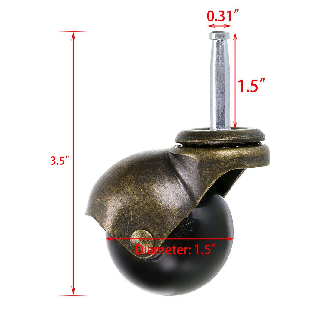 Skelang 1.5 Inch Ball Caster Stem Caster Wheel with Sockets, Vintage Antique Swivel Caster for Furniture, Sofa, Wood Chair, Cabinet, Pack of 4 Skelang