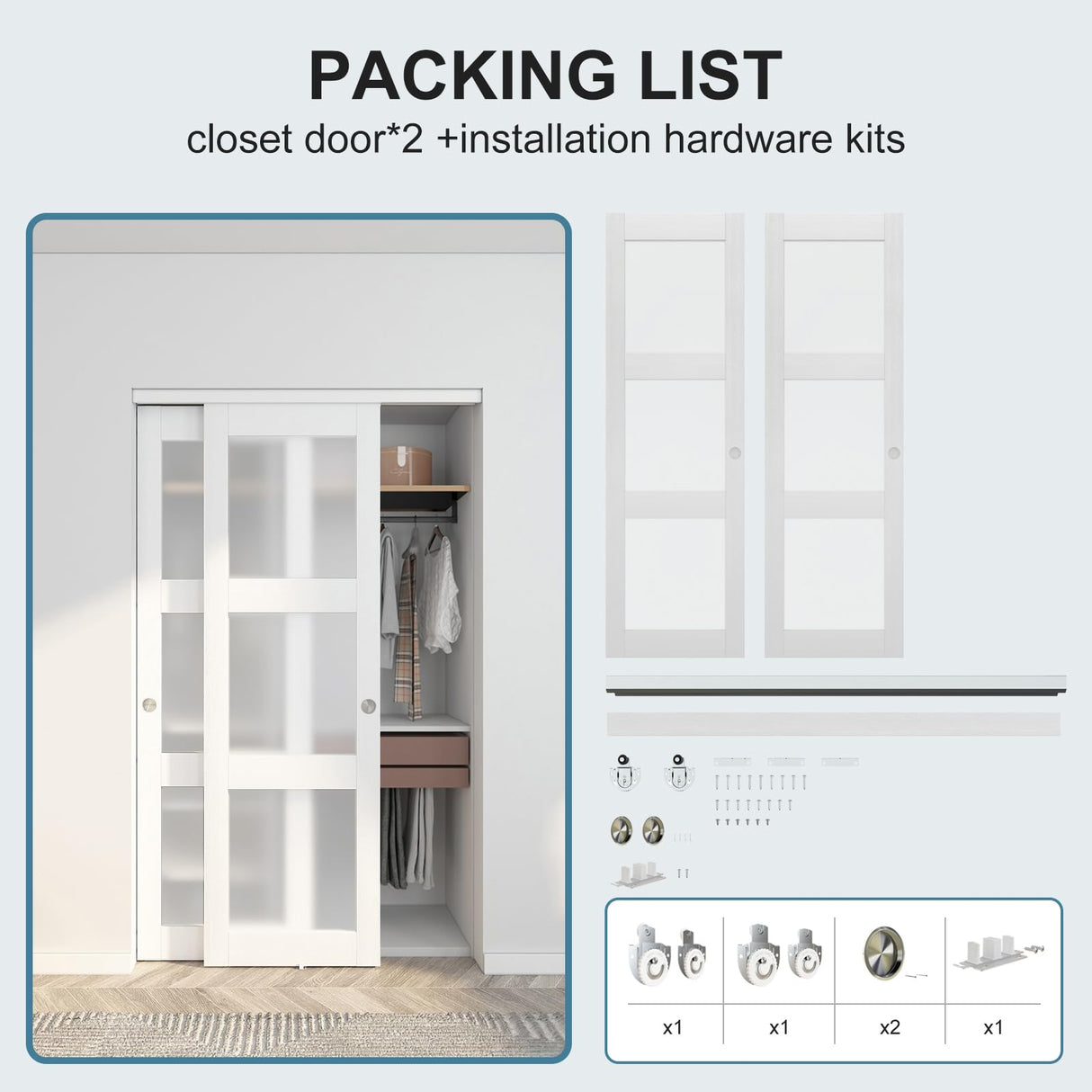 JUBEST Sliding Closet Door 48"(Double 24.5")x80", 3-Lite Frosted Glass Bypass Door with Hardware Kit & Matching Fascia, Pre-Drilled Solid Wood Slab with Water-Proof PVC Surface, Easy to Install, White JUBEST