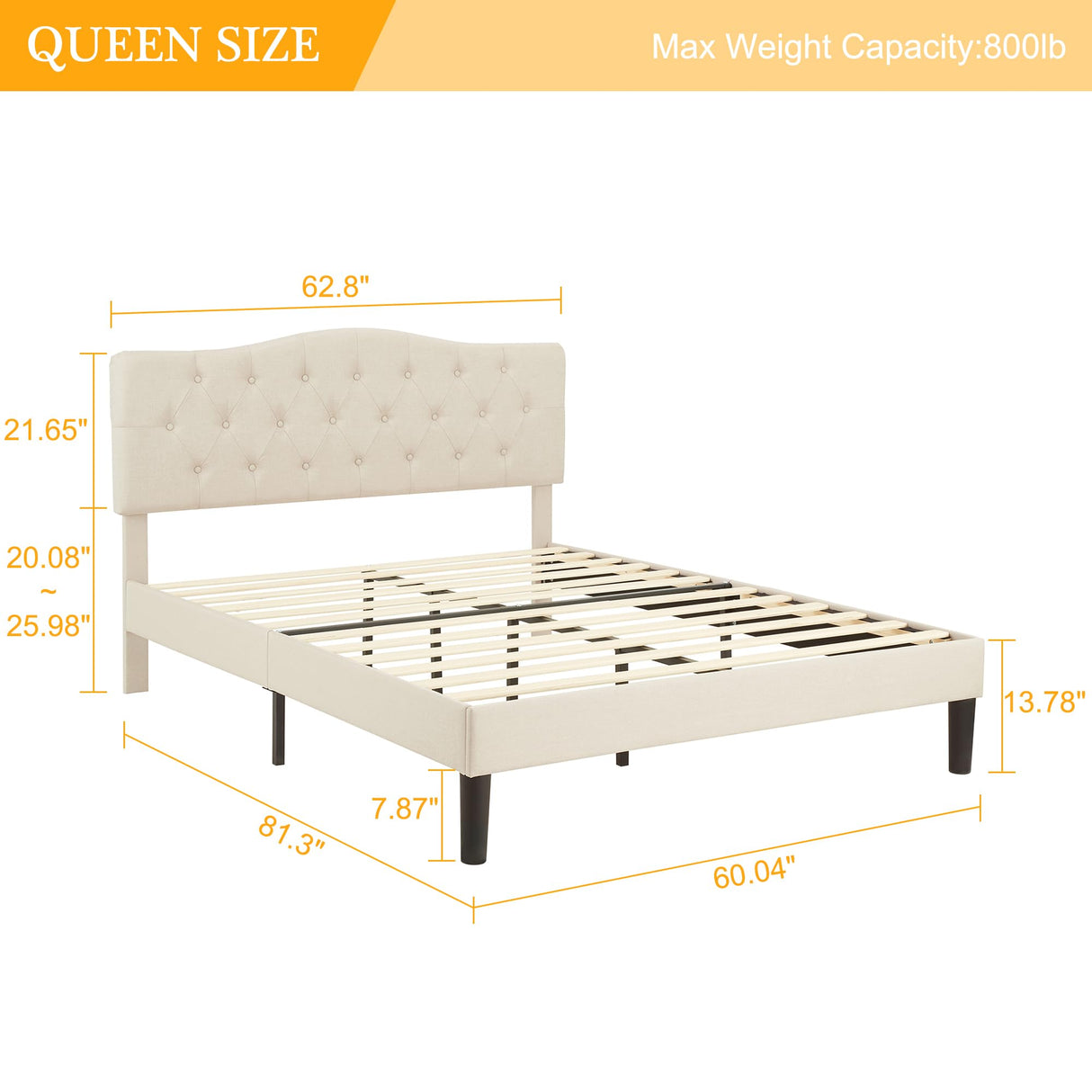 VECELO Queen Size Platform Bed Frame with Fabric Upholstered Headboard and Wooden Slats Support, No Box Spring Needed/Easy Assembly,Beige VECELO