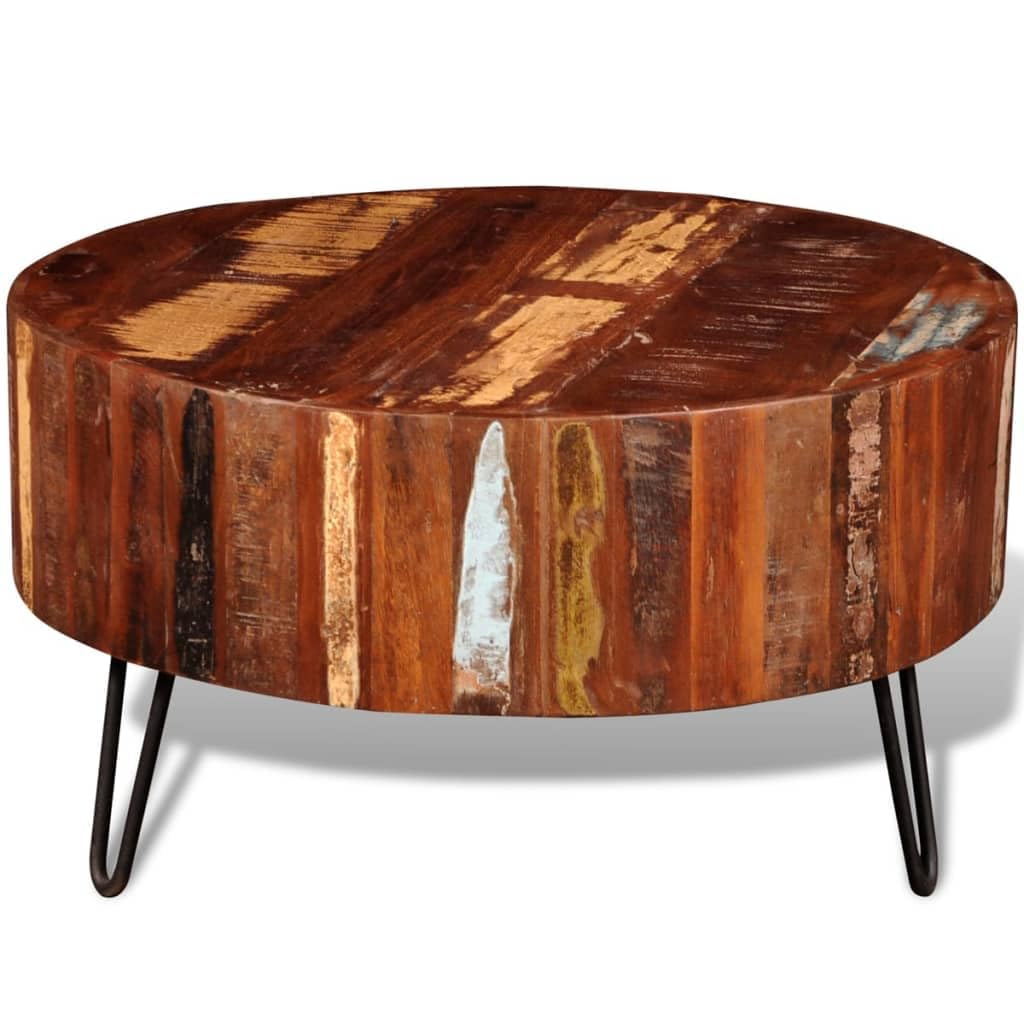 vidaXL Round Coffee Table, Solid Reclaimed Wood with Iron Pin Legs, Handmade Vintage-Style Living Accessory, Eco-friendly, Unique Grain Structur vidaXL