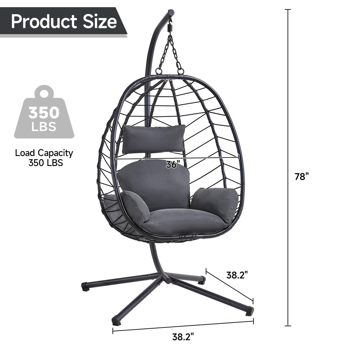 ONBRILL Hanging Egg Chair with Stand, Outdoor Indoor Egg Swing Chair with Cushion Headrest, Wicker Rattan Egg Chair with Dual Chains, 350LBS Capacity for Patio, Porch, Balcony, Bedroom (Dark Gray) ONBRILL