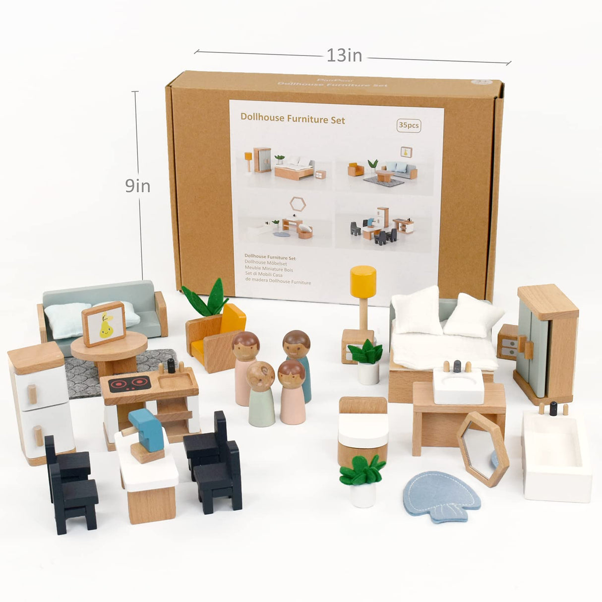 PairPear Wooden Toys Dollhouse Furniture Playset,35 Piece Furnitures with Family Dolls,Doll House Accessories Pretend Play Gift for Girls and Boys 3 Year and Up PairPear