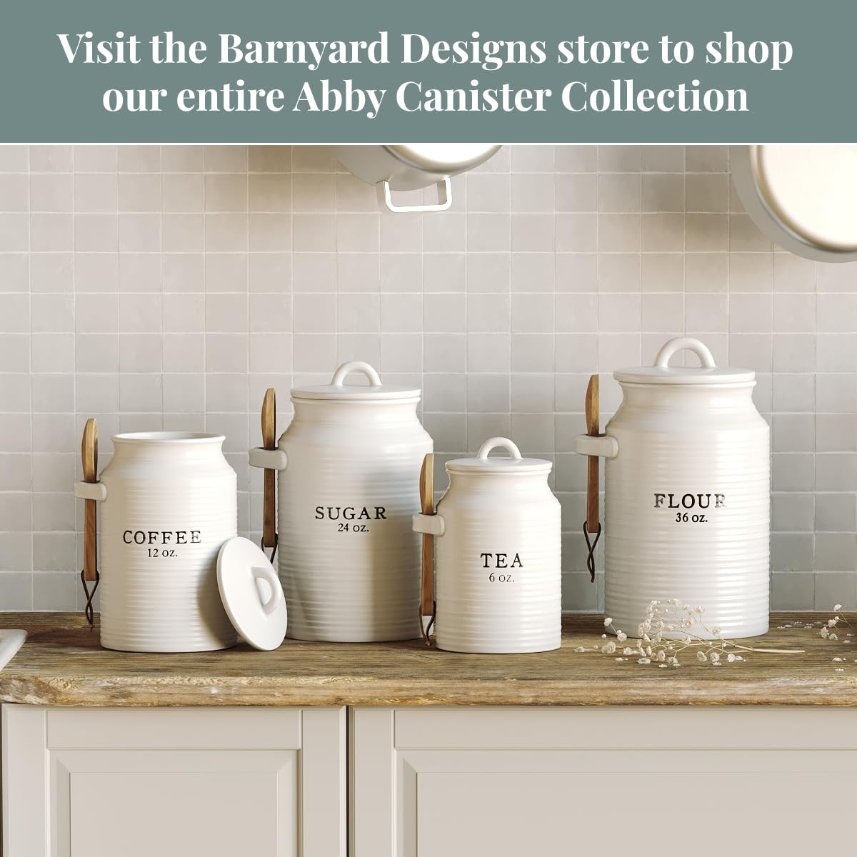 Barnyard Designs Canister Set for Kitchen Counter, Coffee Tea Sugar Container Ceramic Set, Decorative Canisters, Rustic Farmhouse Canister Jars, White (Coffee/Sugar/Tea) Barnyard Designs
