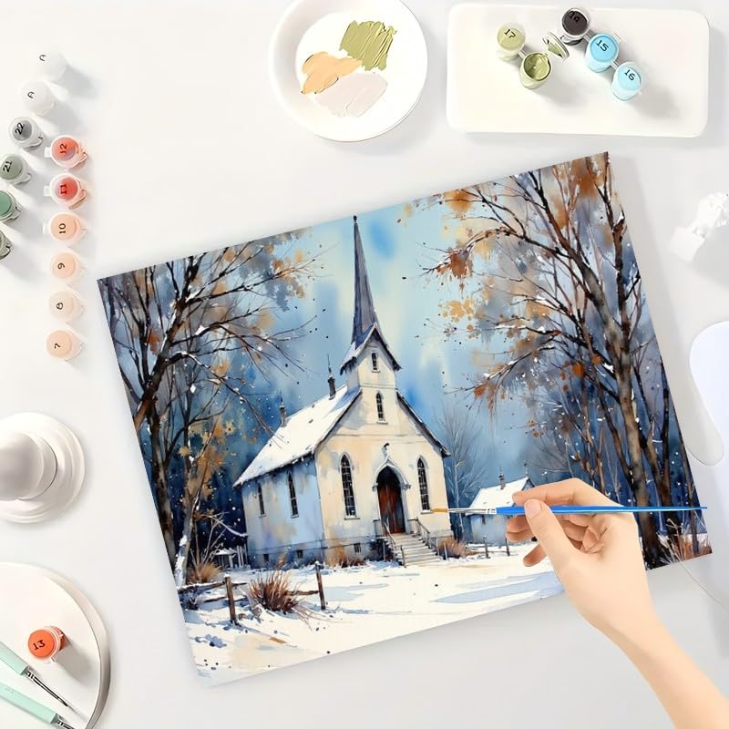Winter Church Paint by Numbers Kit for Adults - DIY Snowy Chapel Scene Painting on Canvas 16x20 Inches, Acrylic Paint Set, Suitable for Beginners, Tranquil Art for Home Decoration or Gifts TAOPAOLAB