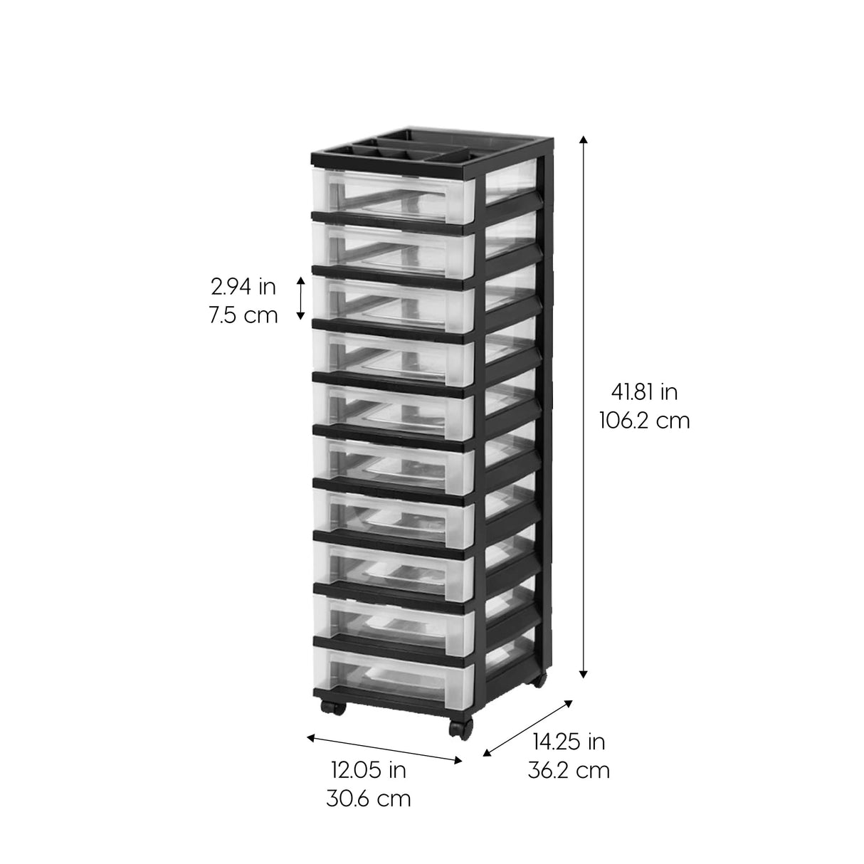 IRIS USA Plastic Drawer Storage Organizer Rolling Cart with Wheels Casters 10-Drawers for Classroom Art Craft Supplies Dresser Closet Bathroom Dorm Bedroom Laundry Room Black/Clear IRIS