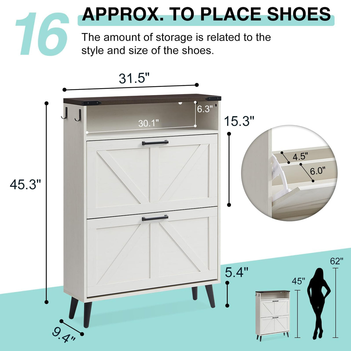Barnyatoh Shoe Storage Cabinet,Farmhouse Shoe Organizer with 2 Flip Drawers & Barn Door Design,Freestanding Hidden Slim Narrow Shoe Rack Cabinet with Open Storage for Entryway, Foyer,Hallway,White Barnyatoh