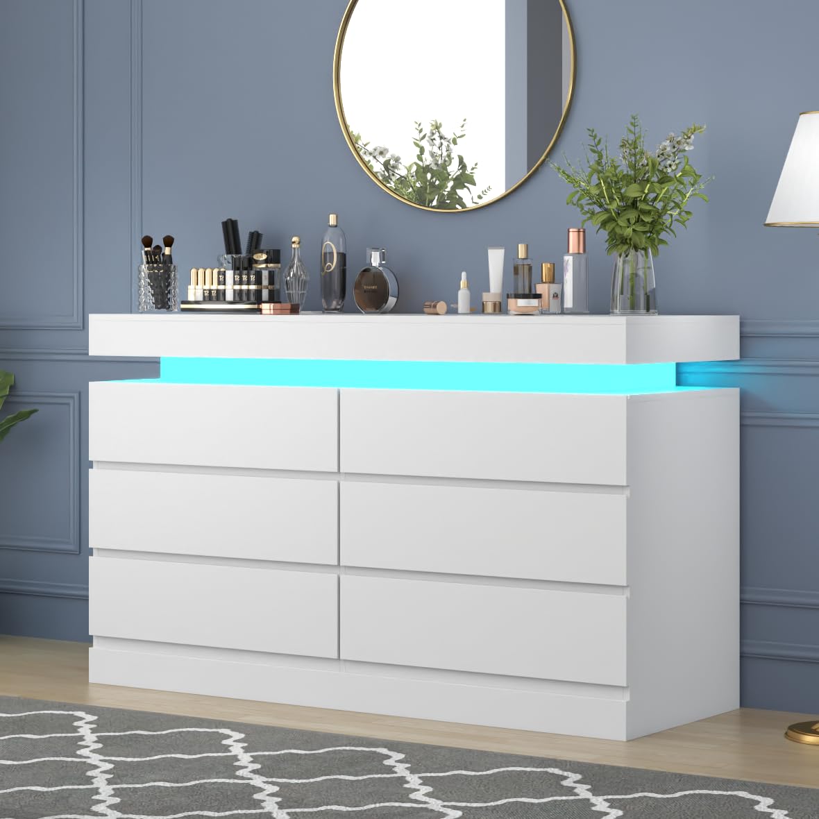 Gyfimoie 6 Drawer Dresser with Power Outlet, White Dresser with LED Light, Modern Chest of Drawers for Closet, Double Wide Drawer Organizer Cabinet for Bedroom, Living Room, Entryway, Hallway (White) Gyfimoie