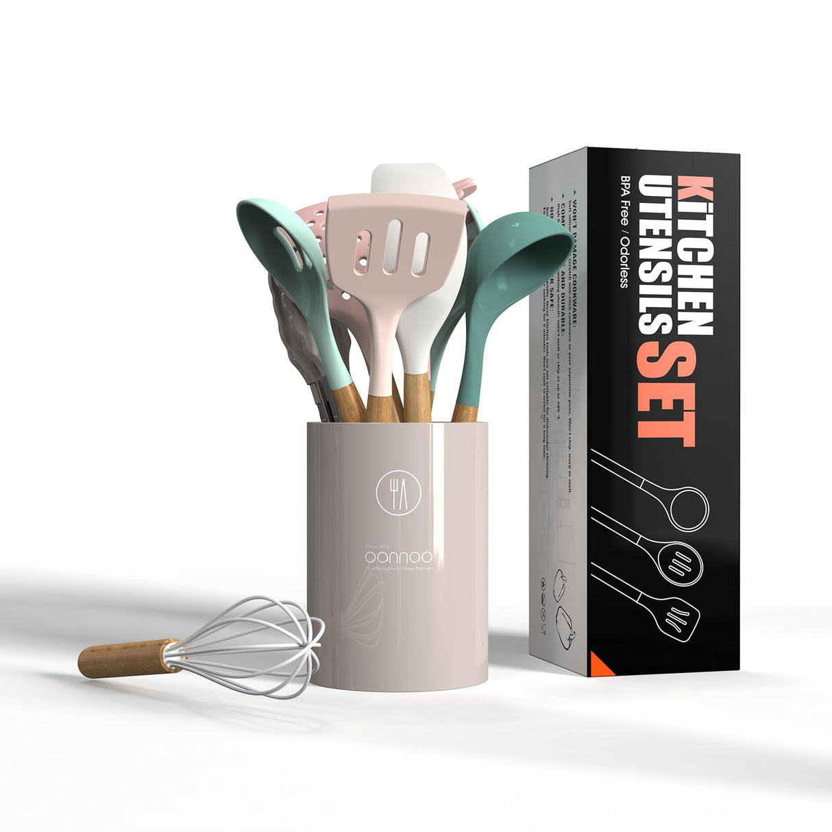 Silicone Cooking Utensils Set - 446°F Heat Resistant Silicone Kitchen Utensils for Cooking,Kitchen Utensil Spatula Set w Wooden Handles and Holder, BPA FREE Gadgets for Non-Stick Cookware (Colorful) oannao