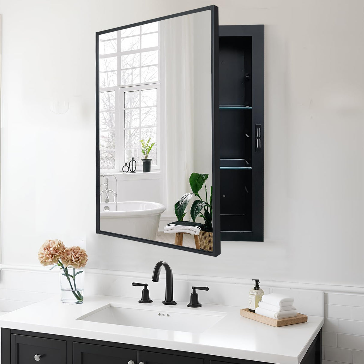 KIMREAL Recessed Medicine Cabinets with Mirror, Black Bathroom Mirror with Storage, Rectangle Medicine Cabinet Mirror, Farmhouse Framed Wall Mirror Recessed or Surface Mount, 16x20 Inch KIMREAL