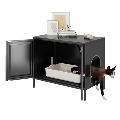 Aobabo Cat Litter Box Enclosure, Metal Cat Washroom Furniture with Barn Door, Pet House, Fit Most of Litter Box, Black, Assembly Required