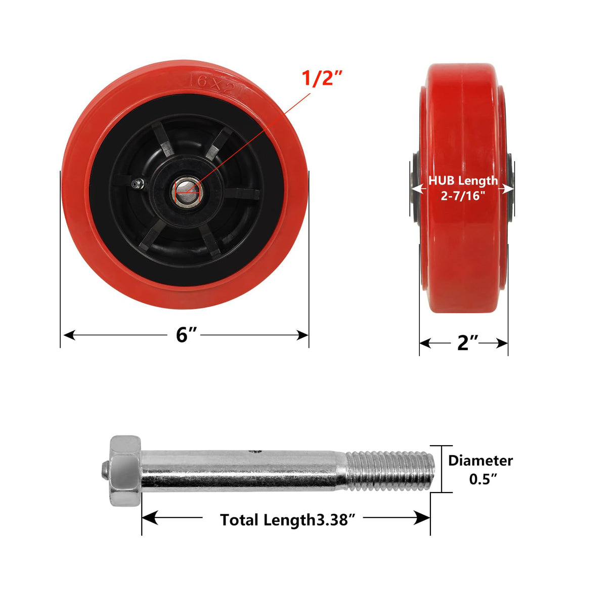 NINOSO 6" x 2" Heavy Duty Caster Wheels, 1/2" Bore Axle Non-Marking Polyurethane Wheel with Roller Bearing, Set of 4 Replacement Wheels with 4000 lbs Capacity (4 Pack) Ninoso