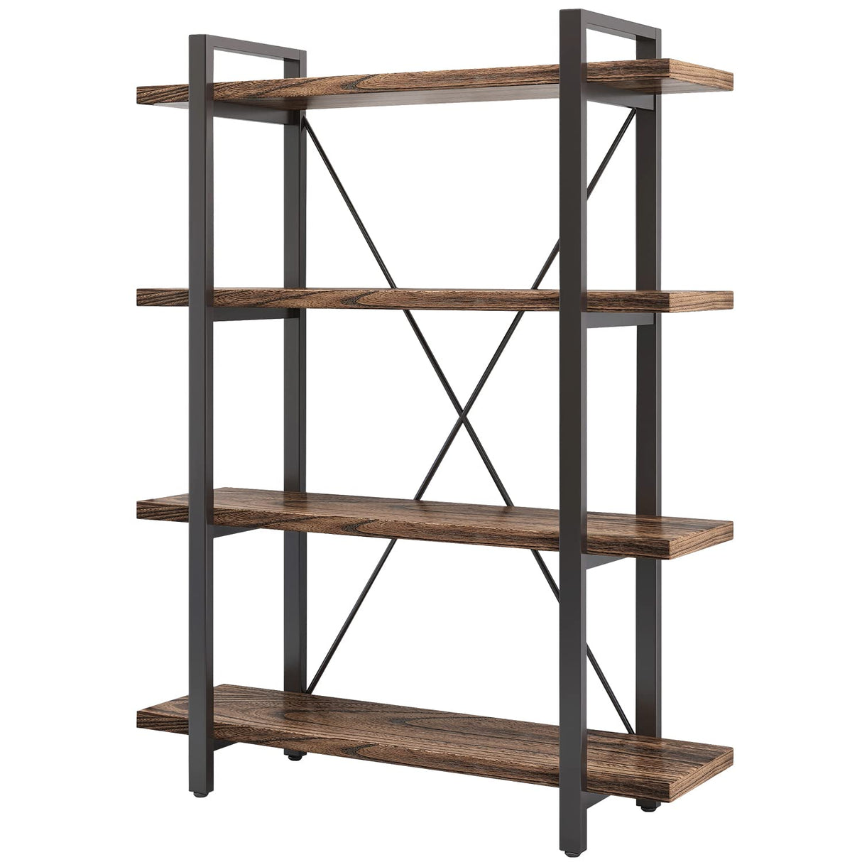 Rustic Solid Wood 4-Tier Bookshelf with Metal Frame – Distressed Brown Finish AY-AOYUAN