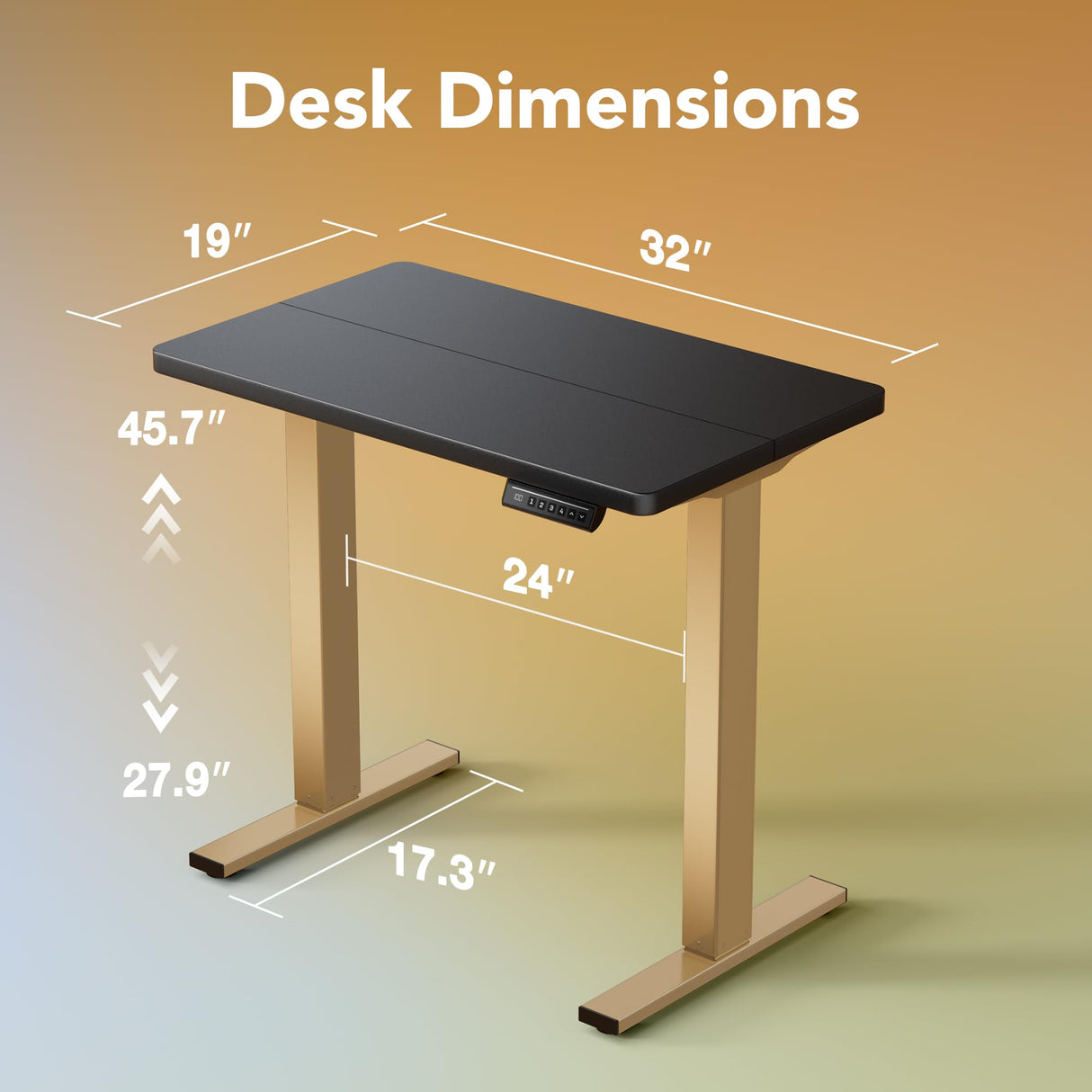 HUANUO 32" Small Electric Standing Desk Adjustable Height, 4 Memory Height Settings, Sit Stand Up Desk for Home Office & Computer Workstation, Black and Gold Frame HUANUO